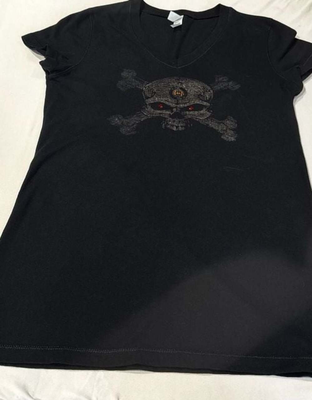 BELLA+CANVAS Women's Black V-Neck Skull and Crossbones Graphic T-Shirt